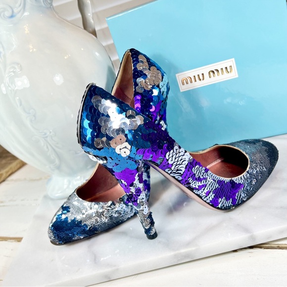 Miu Miu Multicolor Sequin Round Toe Pumps - Picture 2 of 9